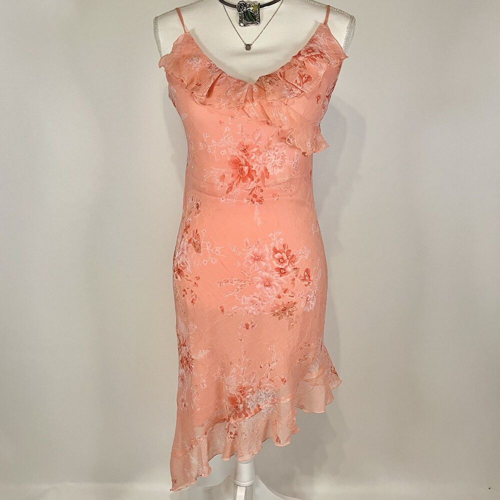 Y2K City Triangles Coral Floral Ruffle Midi Dress Size 9 Coquette Fairycore